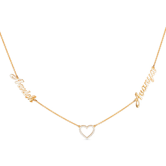 Customisable Halo Heart Two Name Diamond Necklace