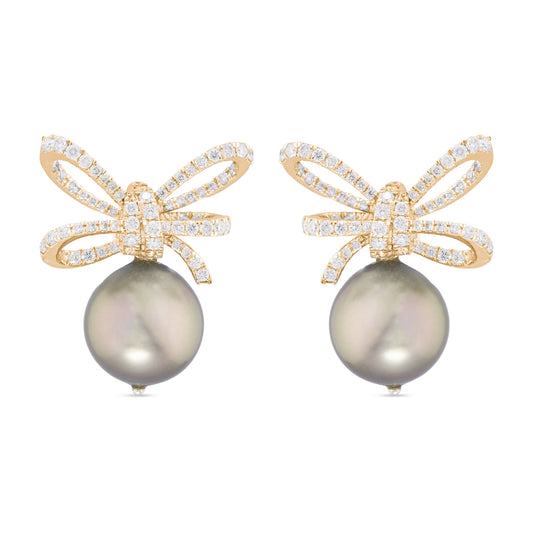 Detachable Tahitian Pearl Diamond Bow Earrings