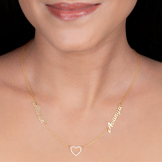 Customisable Halo Heart Two Name Diamond Necklace