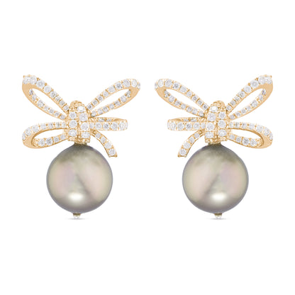 Detachable Tahitian Pearl Diamond Bow Earrings