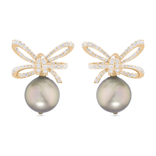 Detachable Tahitian Pearl Diamond Bow Earrings