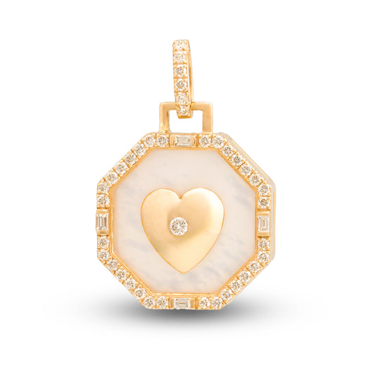 Inset Gold Heart Mother of Pearl and Diamond Pendant