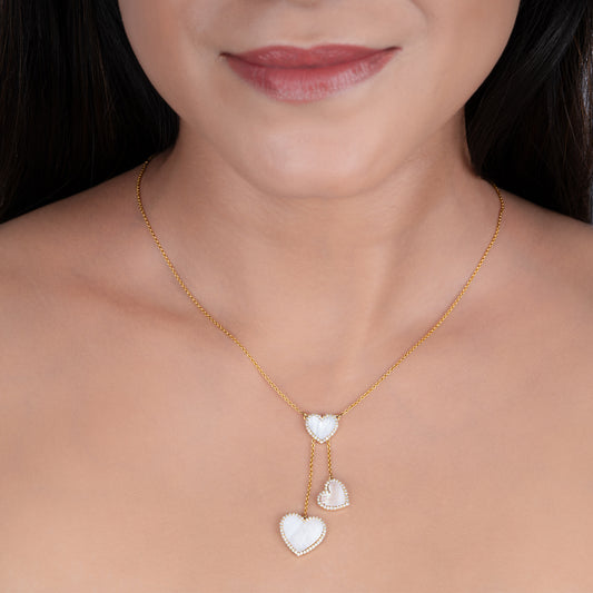 Triple Heart Mother of Pearl Diamond Necklace